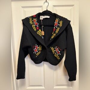 French Connection Black Cardigan with Colorful Embroidery.  Size small